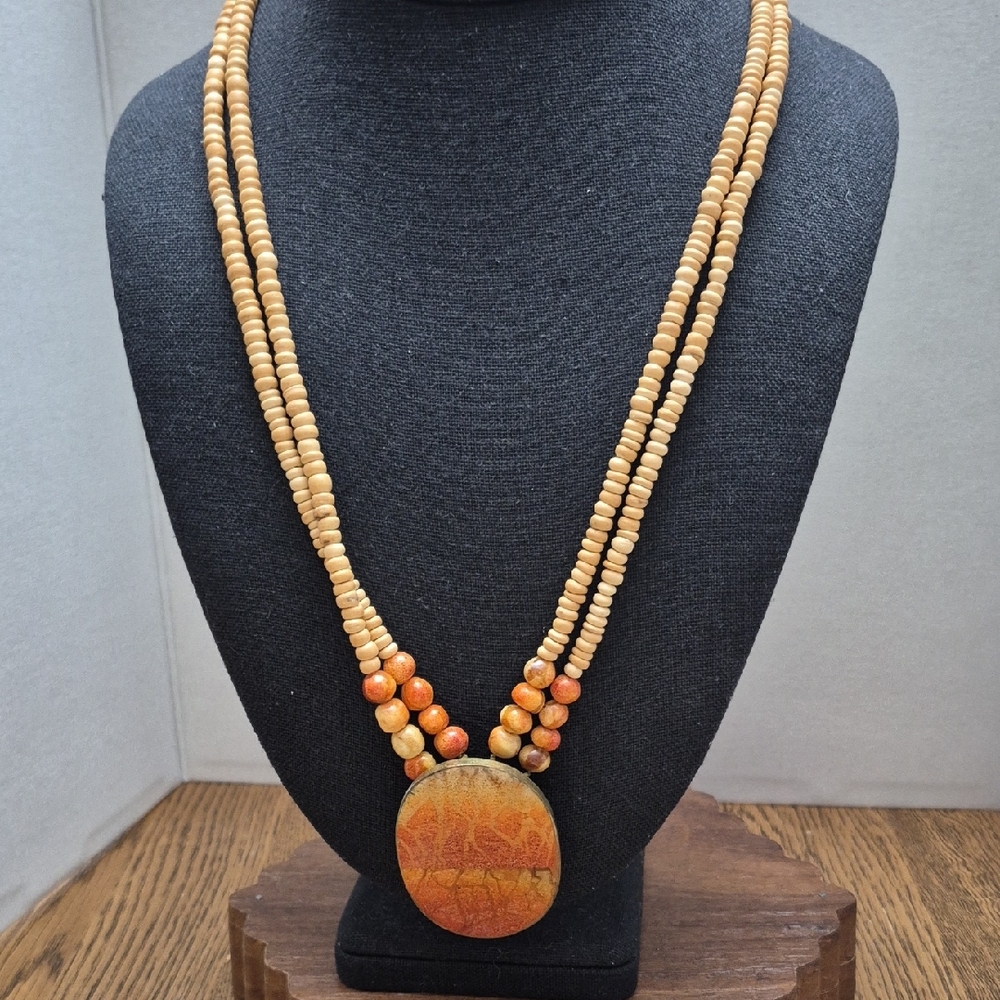 Orange and Tan Wooden Beaded Necklace 18" Long